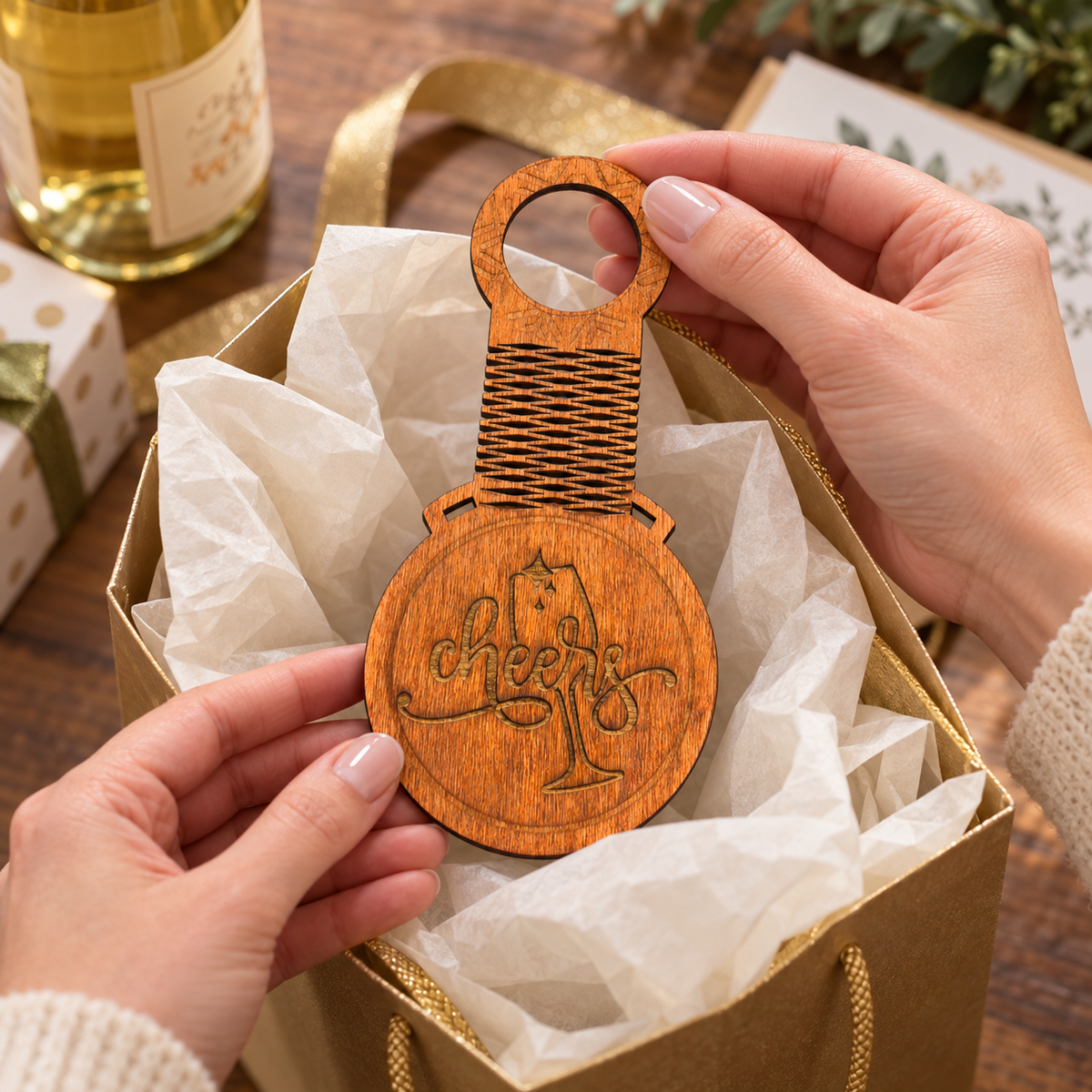 Packing one Cheers wood bottle tag into tissue in a gift bag