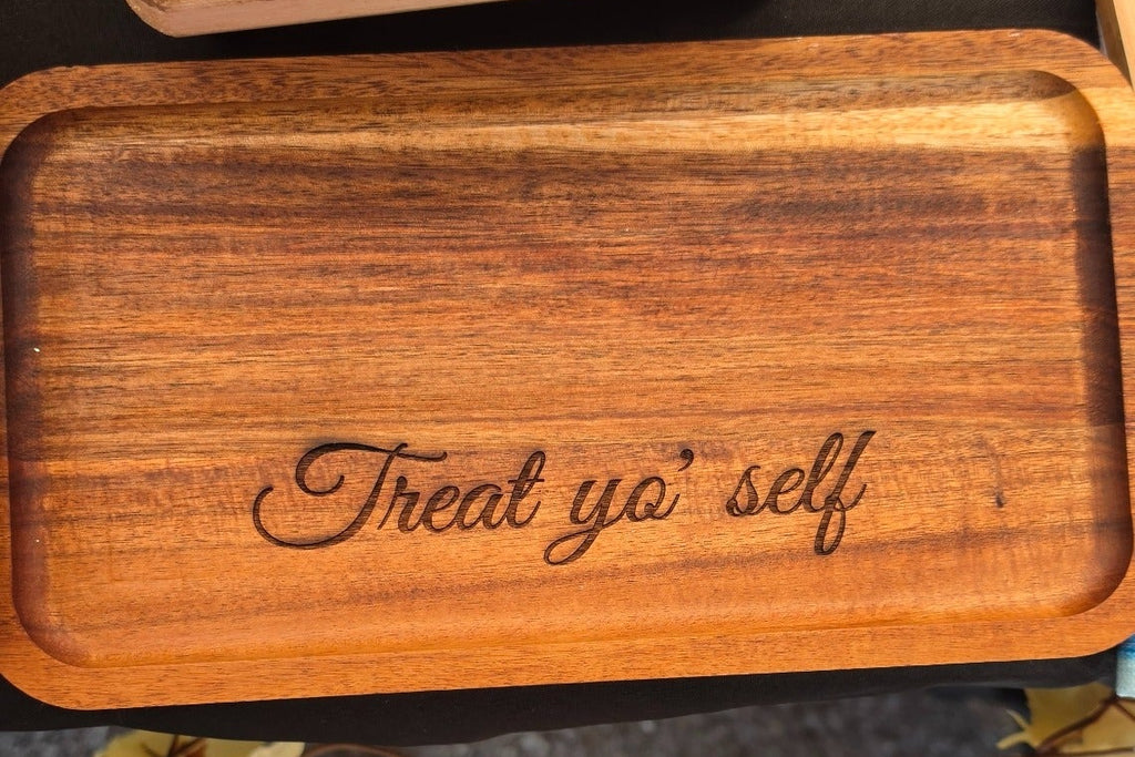 Laser engraved acacia wood tray with Treat yo self design by The Artisan Studio