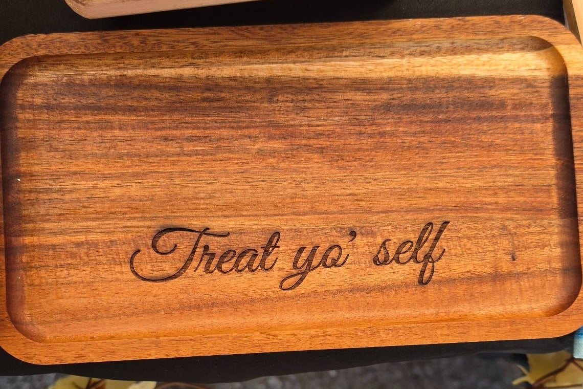 Laser engraved acacia wood tray with Treat yo self design by The Artisan Studio