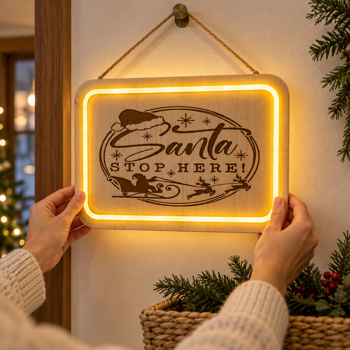 Santa Stop Here LED plaque being straightened on an indoor wall with its border illuminated