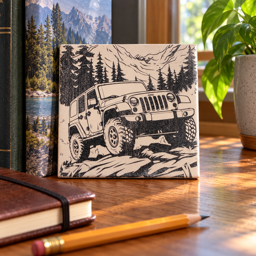 Mountain Jeep ceramic tile displayed beside a notebook on a desk