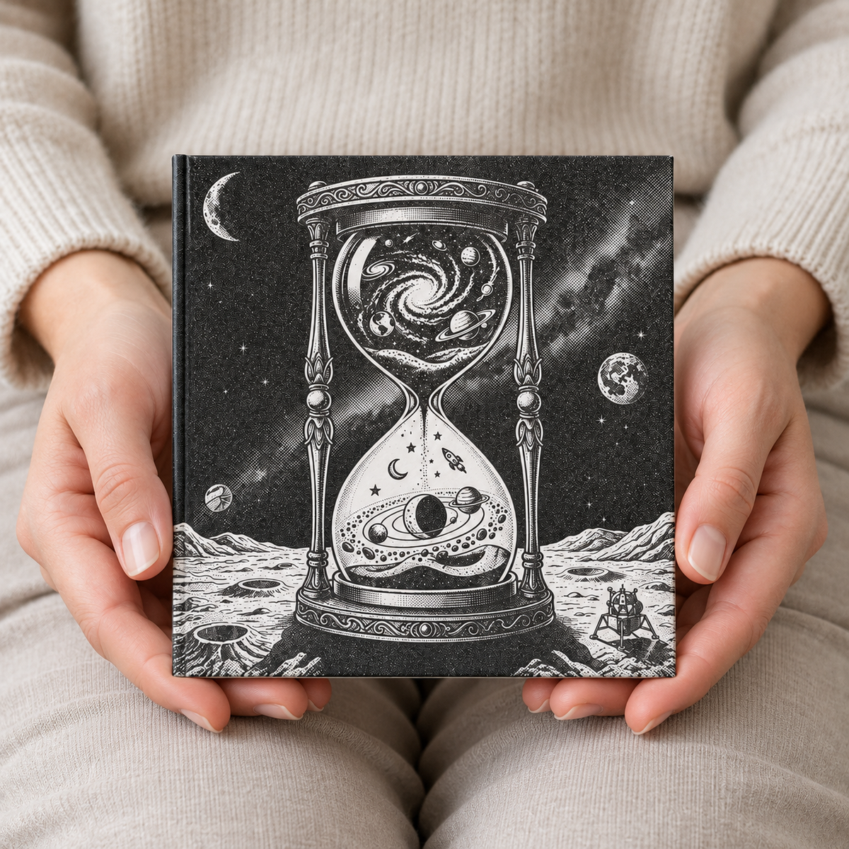 Hands supporting the Hourglass Moon ceramic tile above a seated adult’s lap.
