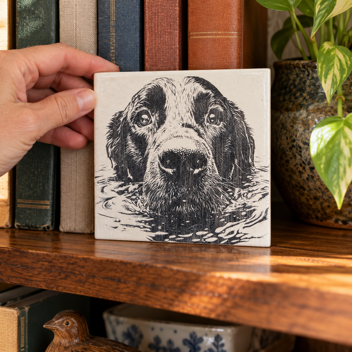 A hand places the Water Dog ceramic tile on a bookshelf beside books