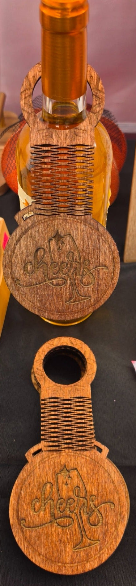 Actual stocked hand-cut stained wood wine bottle tags with Cheers laser engraving