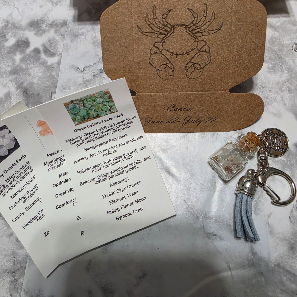 Cancer handmade crystal bottle keychain with matching engraved zodiac gift box