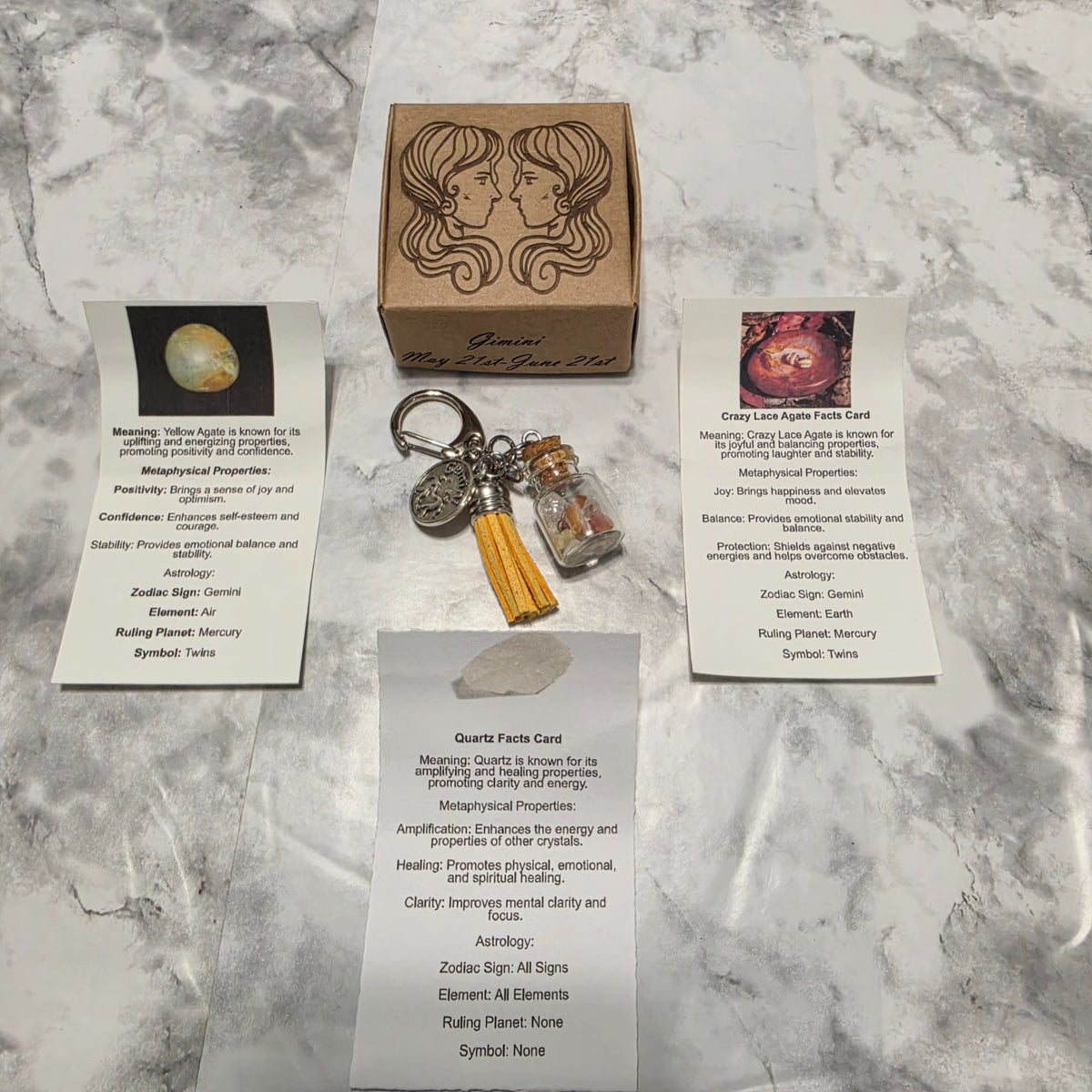 Gemini handmade crystal bottle keychain with yellow tassel, engraved twins gift box and three printed crystal cards