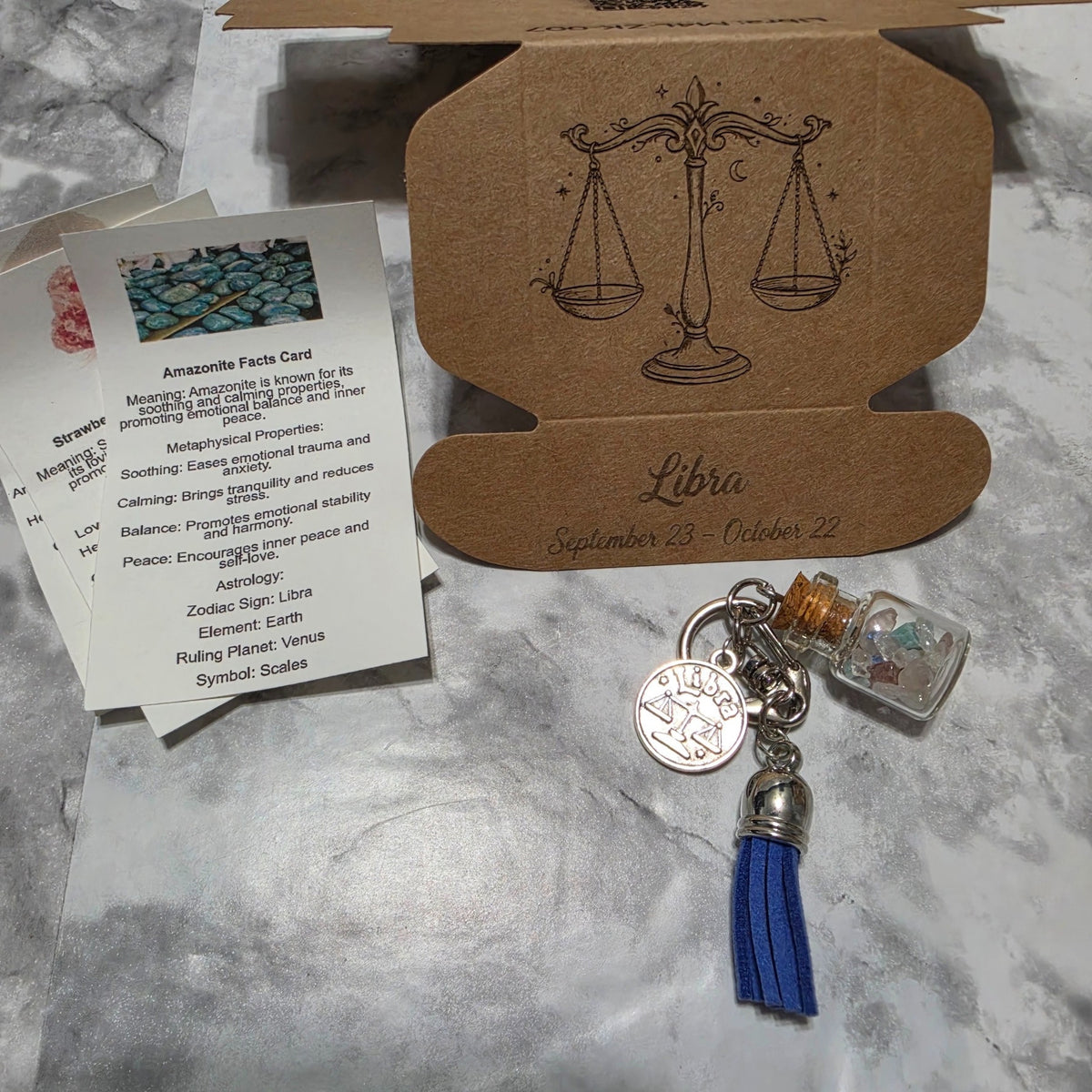 Libra handmade crystal bottle keychain with matching engraved zodiac gift box