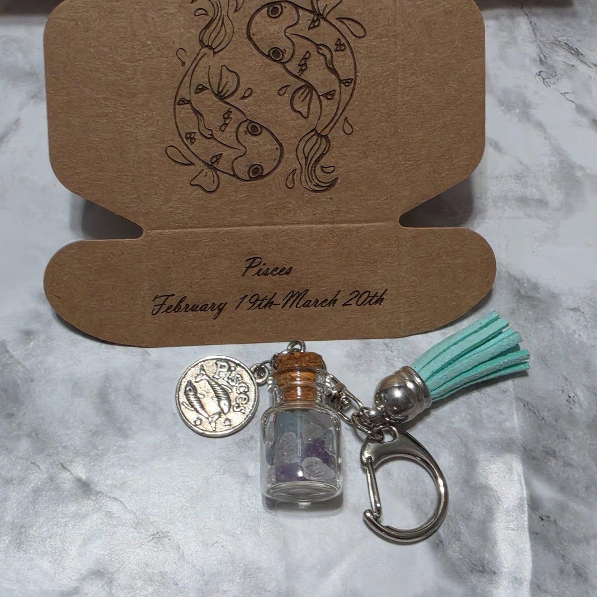Pisces handmade crystal bottle keychain with matching engraved zodiac gift box