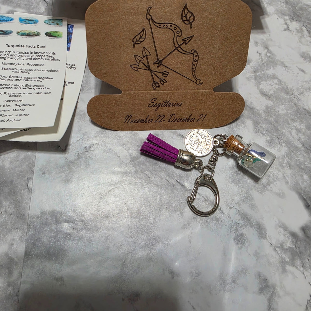 Sagittarius handmade crystal bottle keychain with matching engraved zodiac gift box