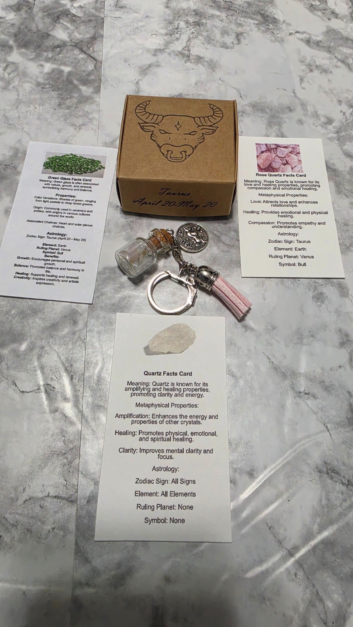 Taurus handmade crystal bottle keychain with pink tassel, engraved bull gift box and three printed crystal cards