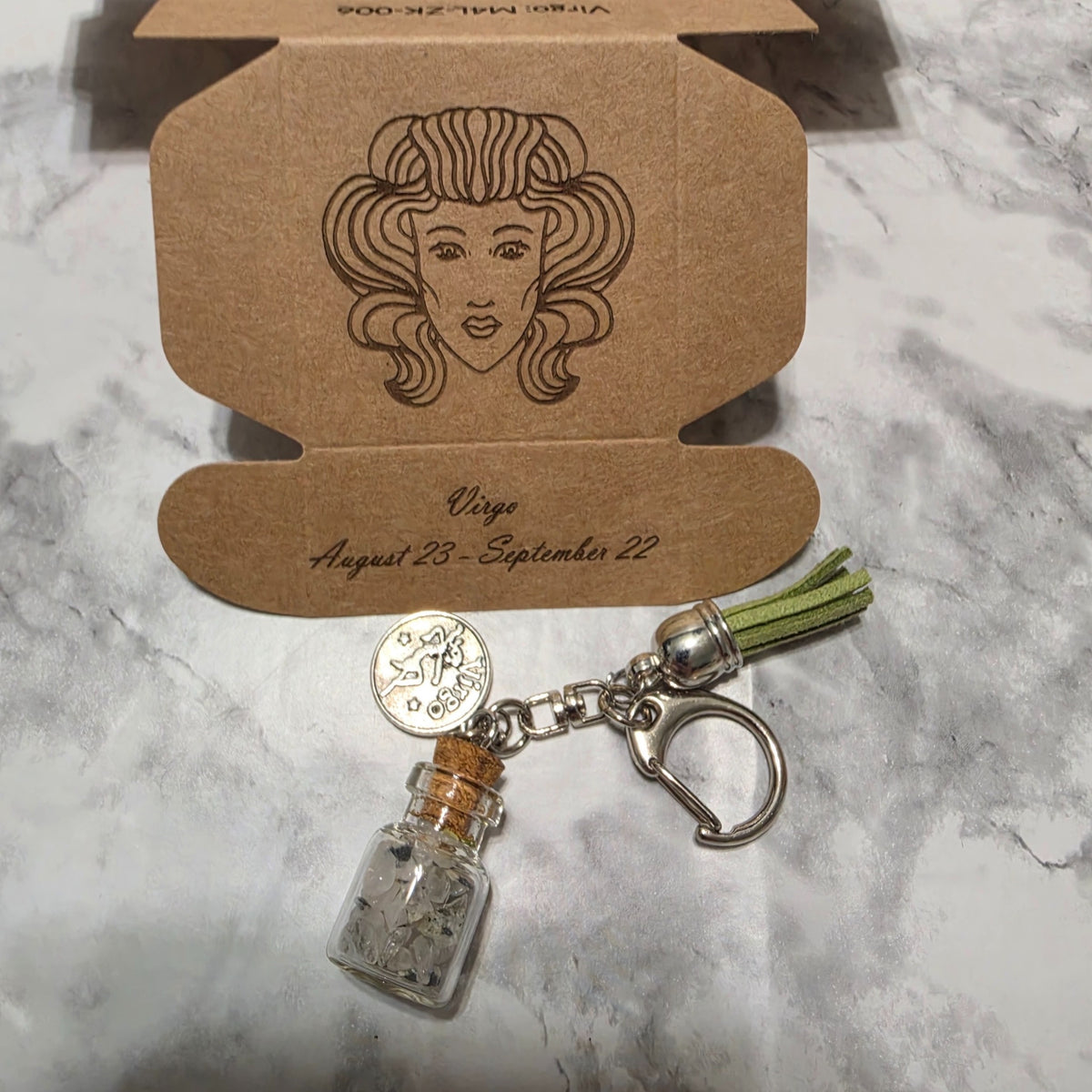Virgo handmade crystal bottle keychain with matching engraved zodiac gift box