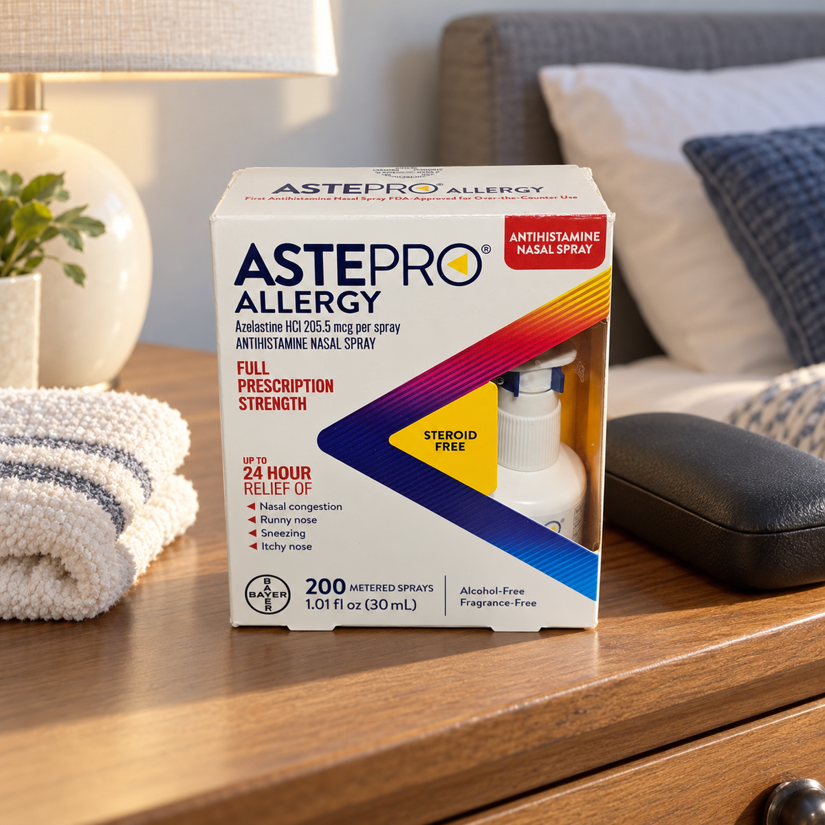 AI-generated lifestyle illustration of one Astepro Allergy 200-spray 30 mL retail carton on a bedroom dresser beside folded towel and eyeglasses case; furnishings are props, not included.