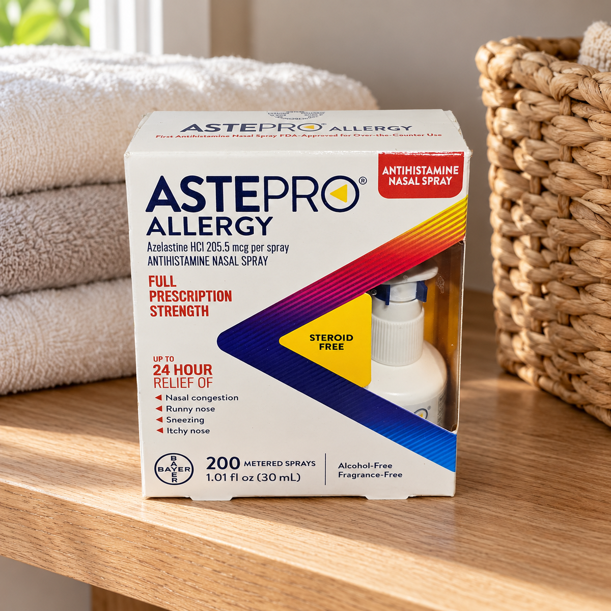 AI-generated lifestyle illustration of one Astepro Allergy 200-spray 30 mL retail carton on a dry linen shelf beside towels and woven basket; furnishings are props, not included.