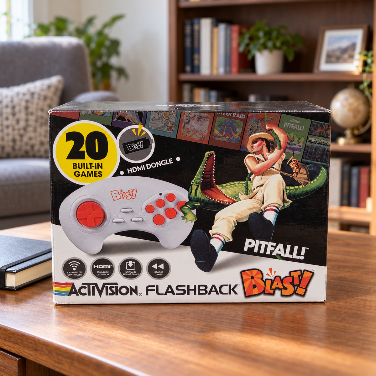 AI-generated lifestyle illustration of one closed Activision Flashback Blast WD3301 retail carton on a home office desk beside a closed notebook; controller and game artwork are printed on the box, furnishings are props.
