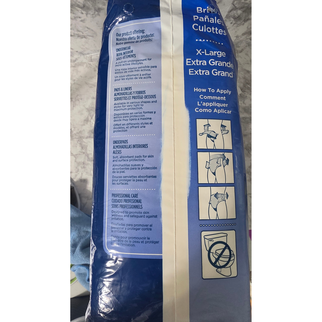 Attends Classic X-Large briefs original package side showing fitting instructions and do-not-flush symbol