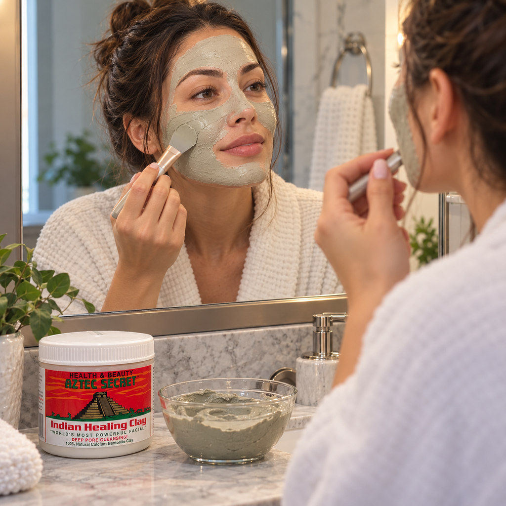 Woman applying a clay facial mask beside Aztec Secret Indian Healing Clay