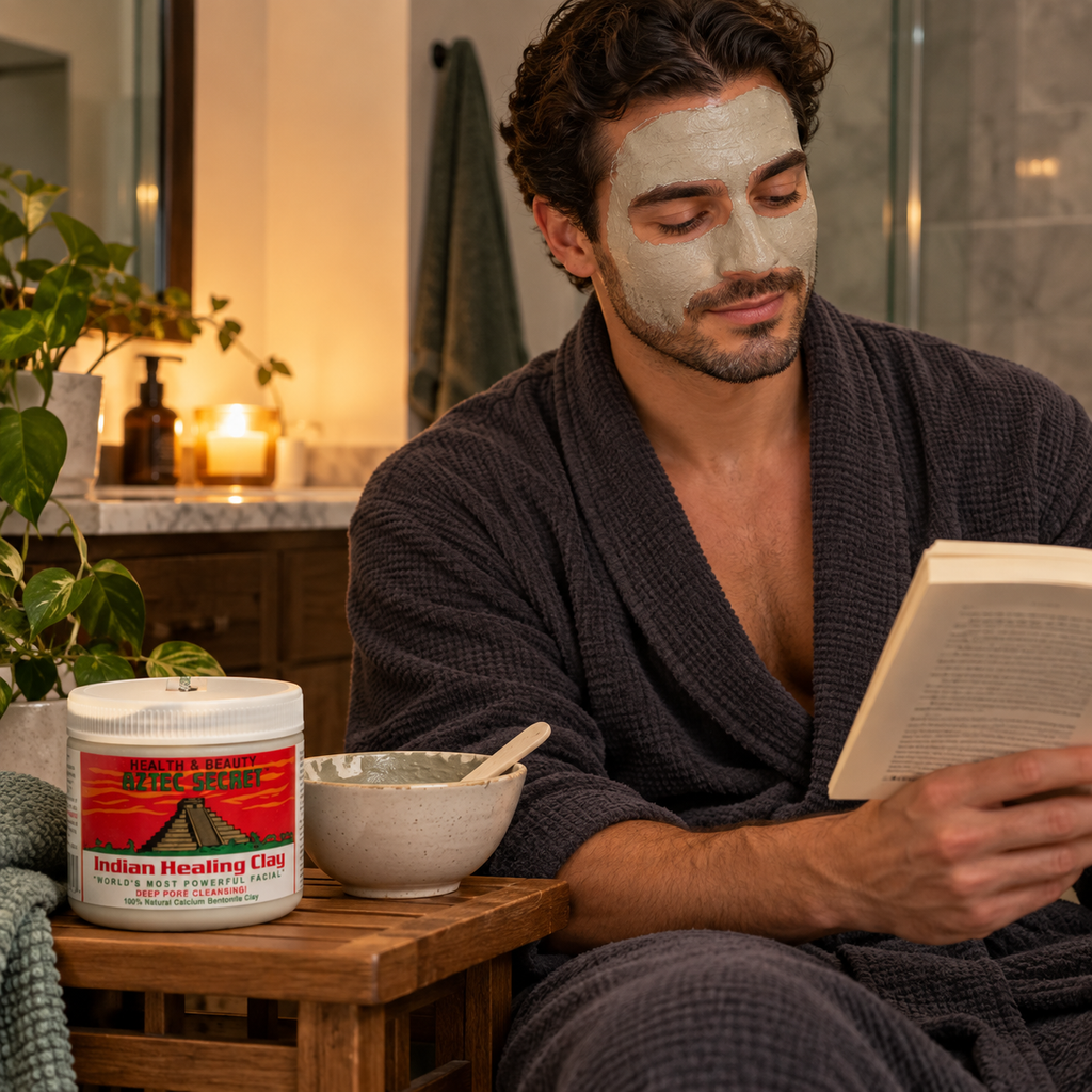 Man reading during a clay-mask routine with an Aztec Secret jar nearby