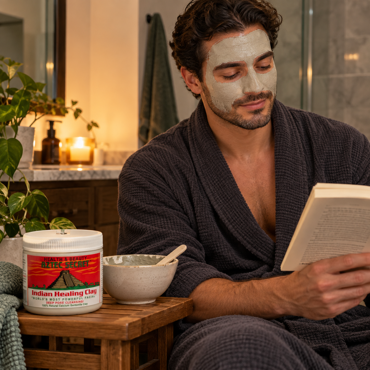 Man reading during a clay-mask routine with an Aztec Secret jar nearby