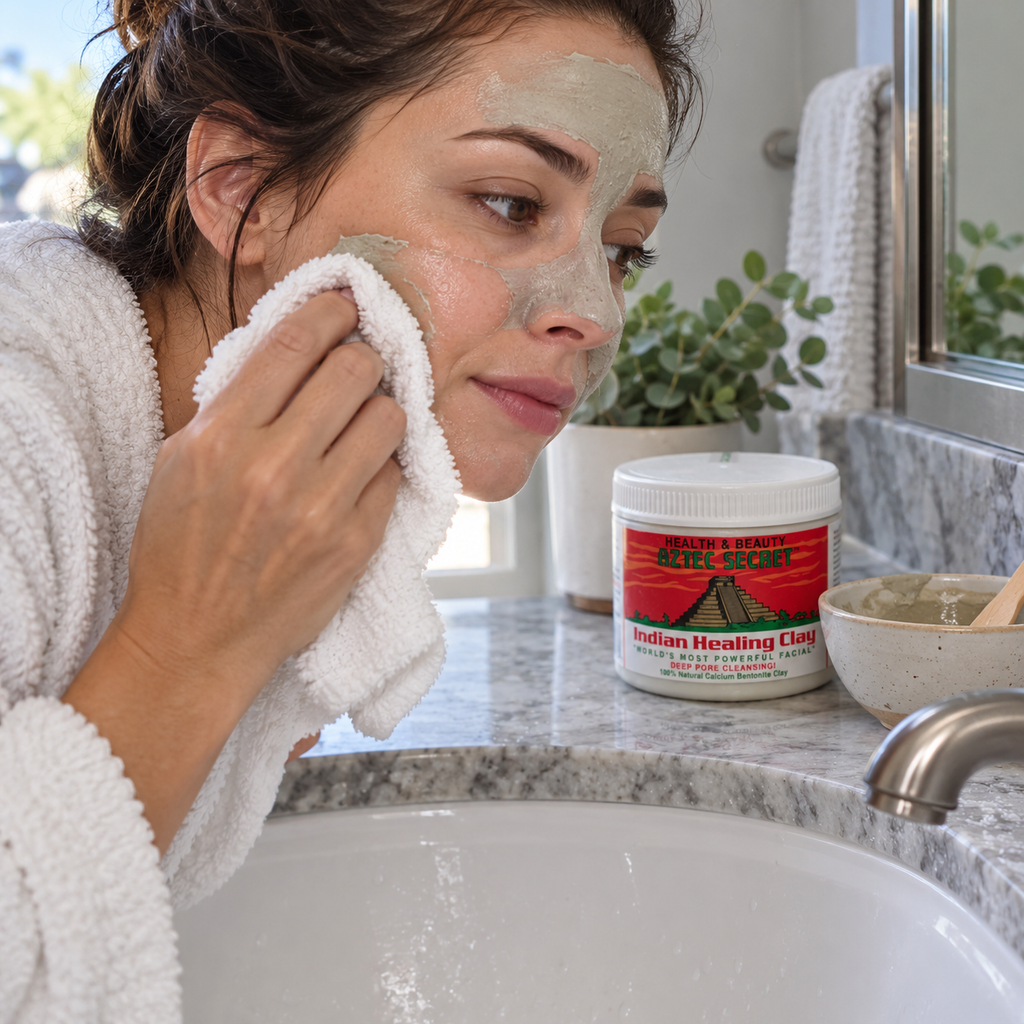 Woman removing a clay facial mask with a washcloth beside Aztec Secret clay