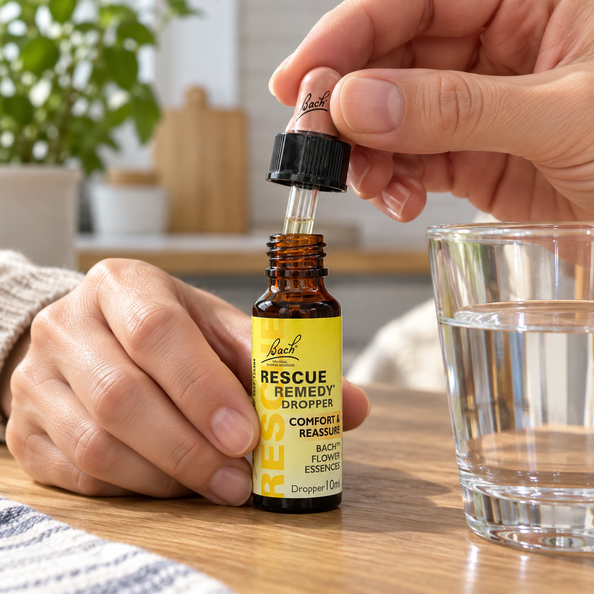 AI-generated illustration: Adult opening a Bach Rescue Remedy 10 mL dropper bottle