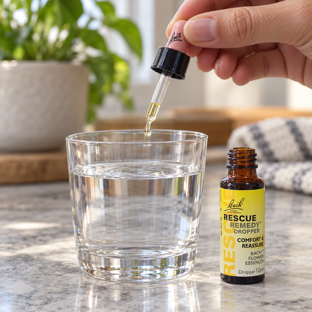AI-generated illustration: Bach Rescue Remedy dropper adding a drop to a glass of water
