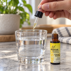 AI-generated illustration: Bach Rescue Remedy dropper adding a drop to a glass of water