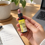 AI-generated illustration: Adult holding a Bach Rescue Remedy bottle at a desk