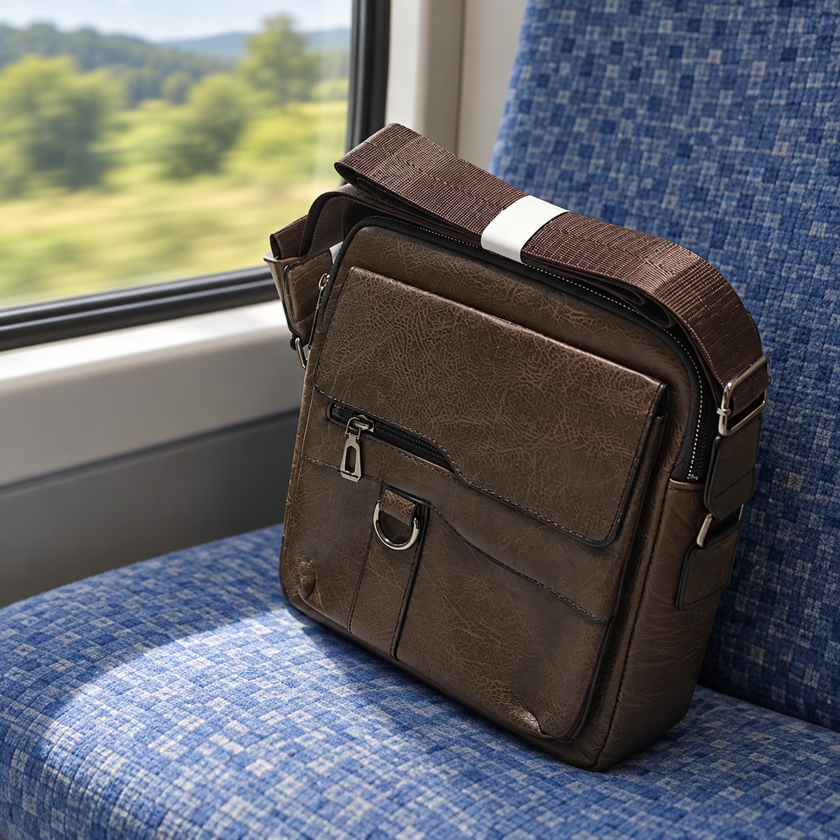 Dark Brown textured crossbody bag on a train seat with its folded shoulder strap