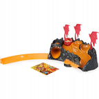 Bakugan Training Set assembled with lava ramp, three red clan flags, wall piece, red Titanium Dragonoid ball, and Gate Card.
