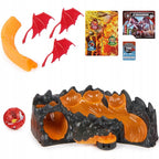 Bakugan Training Set components with lava arena, curved wall piece, three clan flags, red Titanium Dragonoid, and cards.