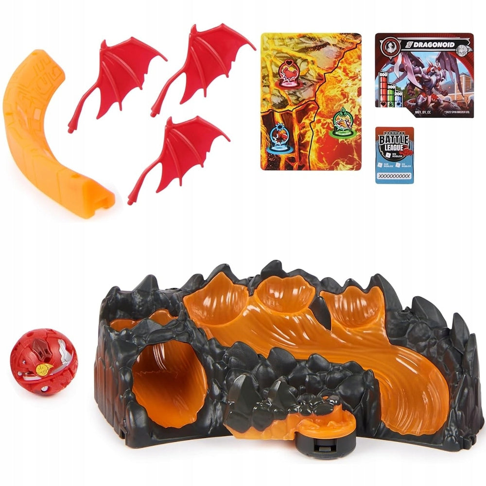 Bakugan Training Set components with lava arena, curved wall piece, three clan flags, red Titanium Dragonoid, and cards.