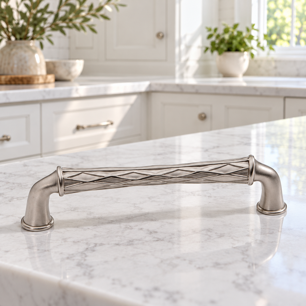 AI lifestyle illustration: One Baldwin Couture4377.150 Satin Nickel cabinet pull on a kitchen island