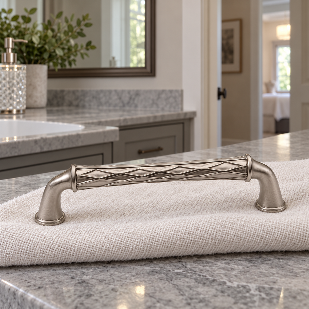 AI lifestyle illustration: One Baldwin Couture4377.150 Satin Nickel cabinet pull on a bathroom vanity towel