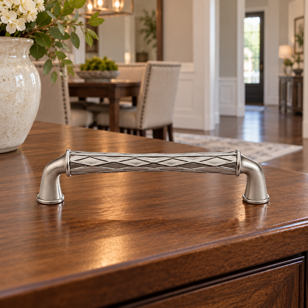 AI lifestyle illustration: One Baldwin Couture4377.150 Satin Nickel cabinet pull on a walnut sideboard
