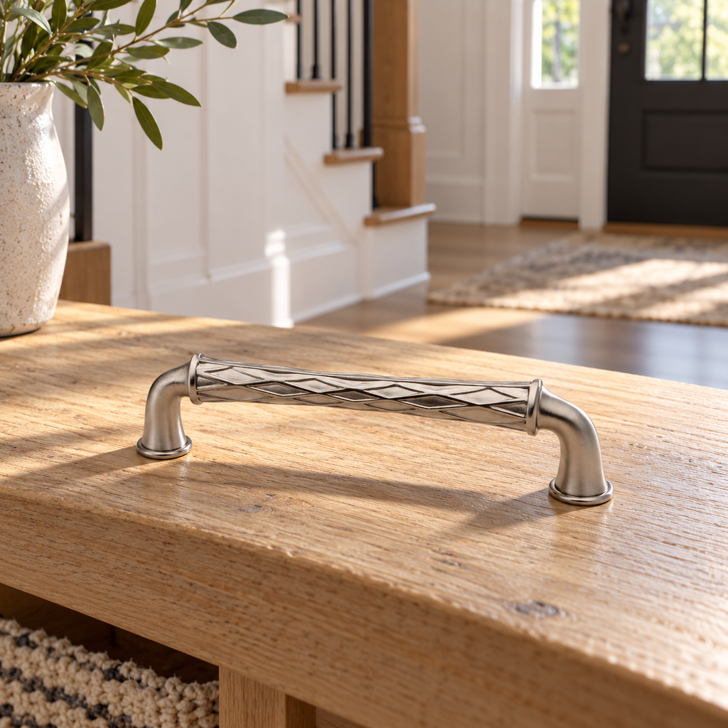 AI lifestyle illustration: One Baldwin Couture4377.150 Satin Nickel cabinet pull on an oak entry bench