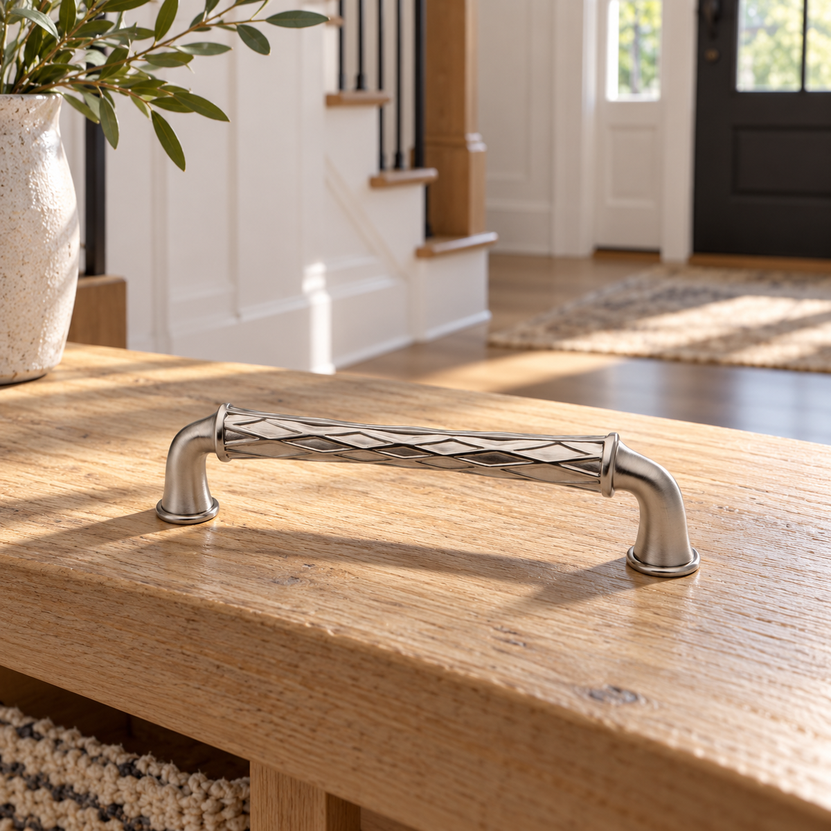 AI lifestyle illustration: One Baldwin Couture4377.150 Satin Nickel cabinet pull on an oak entry bench