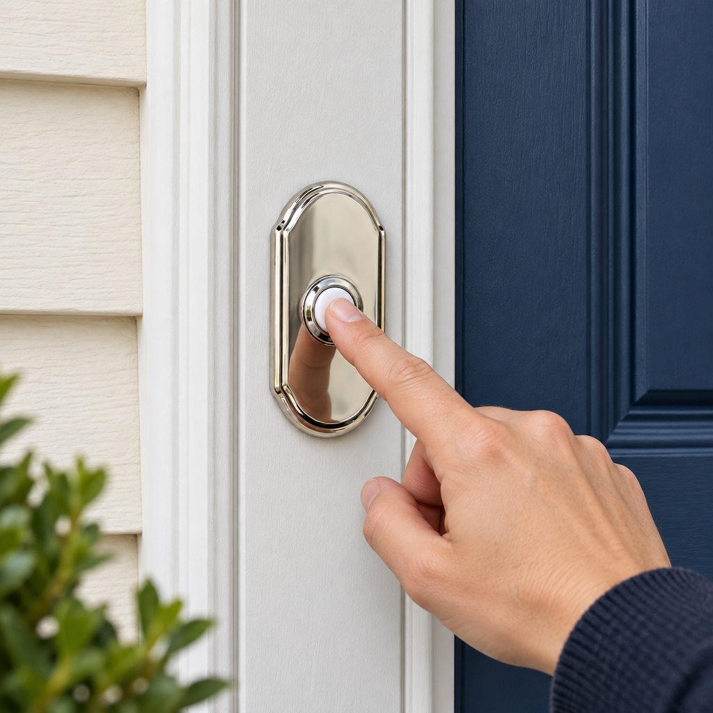 AI illustration: Adult pressing the white button on a Baldwin polished nickel Arch doorbell mounted on light entry trim beside a navy door