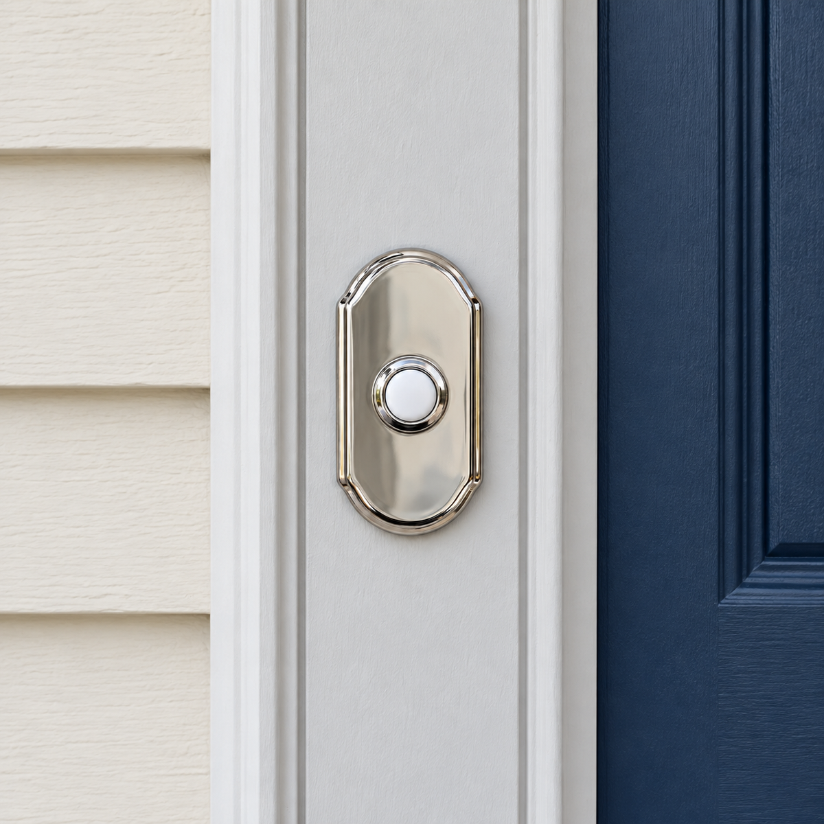 AI illustration: Baldwin polished nickel Arch doorbell button on fixed light entry trim beside a navy door