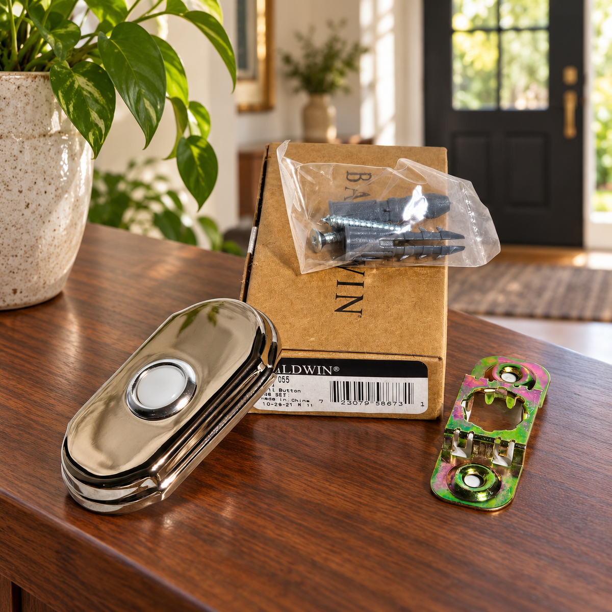 AI lifestyle illustration: Baldwin Arch polished nickel doorbell kit with bracket, bagged fasteners and box on an entry console