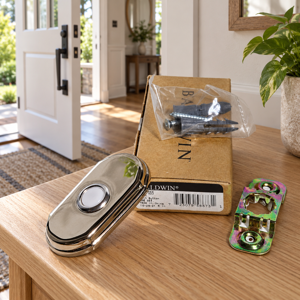 AI lifestyle illustration: Baldwin Arch polished nickel doorbell kit with bracket, bagged fasteners and box on an oak entry bench