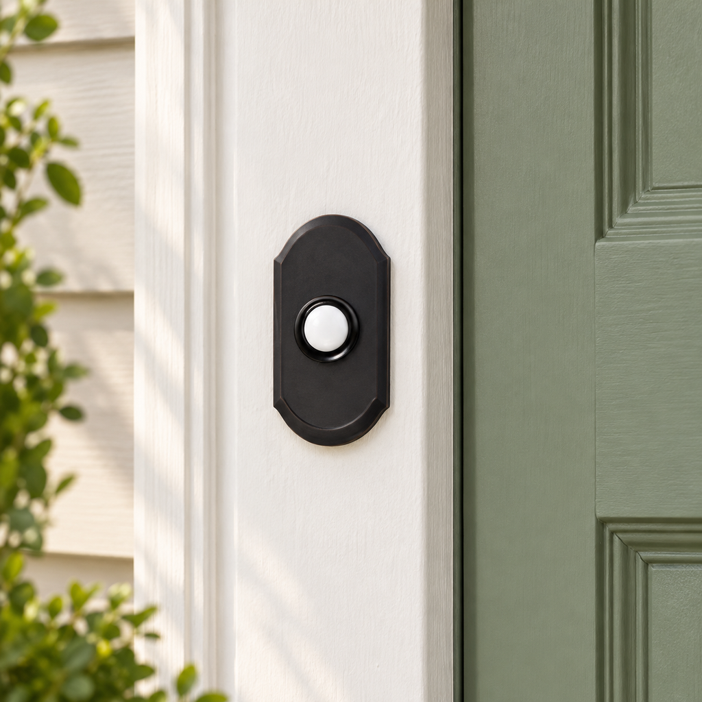 AI illustration: Baldwin dark-finish Arch doorbell button on fixed light entry trim beside a green door