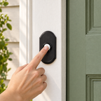 AI illustration: Adult pressing a Baldwin dark-finish Arch doorbell button mounted on fixed pale trim beside a green door