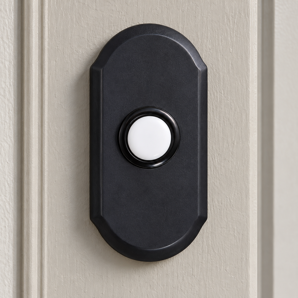 AI illustration: close-up of a Baldwin dark-finish Arch doorbell button with stepped edges and a white round pushbutton