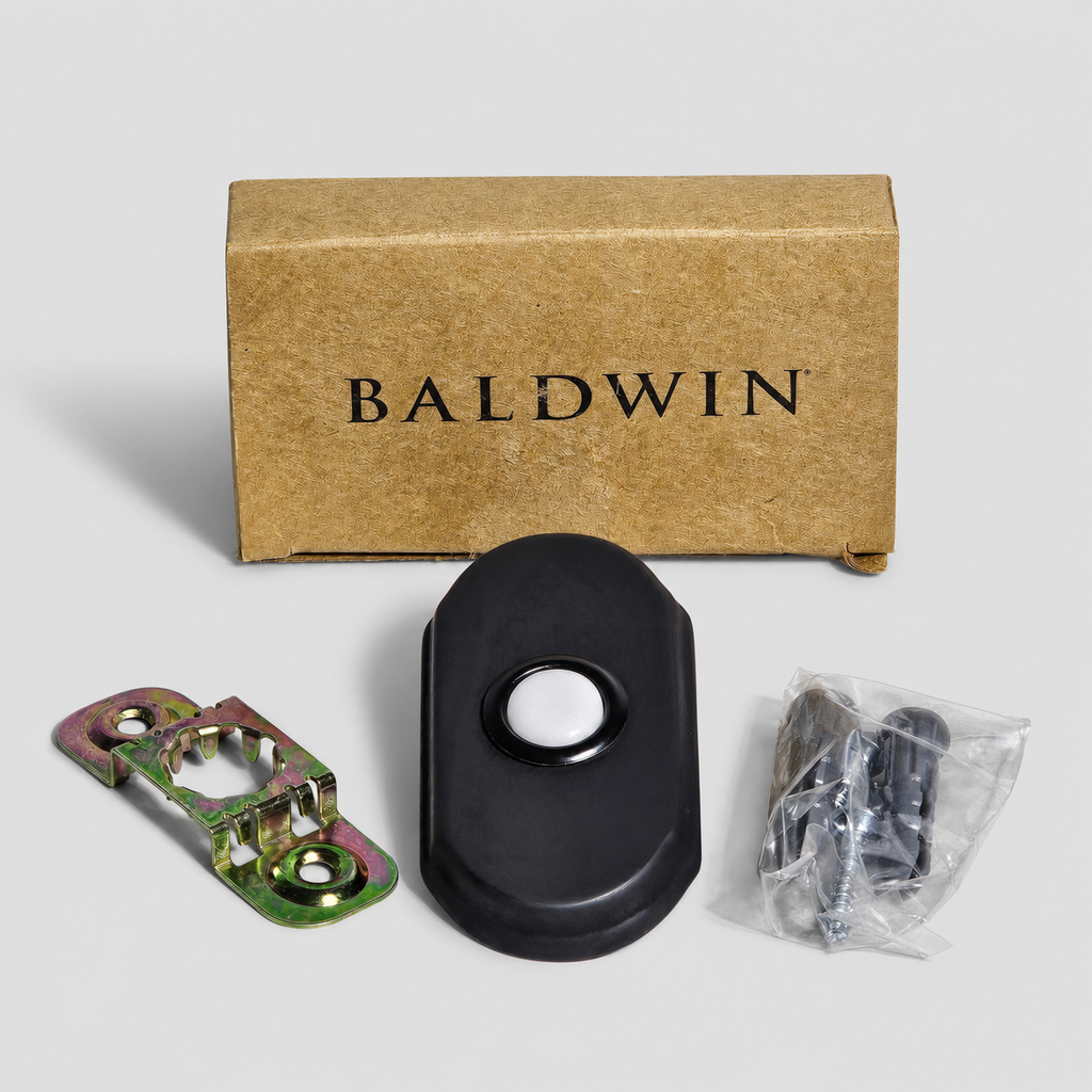 AI illustration: Baldwin dark-finish Arch doorbell button with mounting bracket, bagged fasteners and box on a light background
