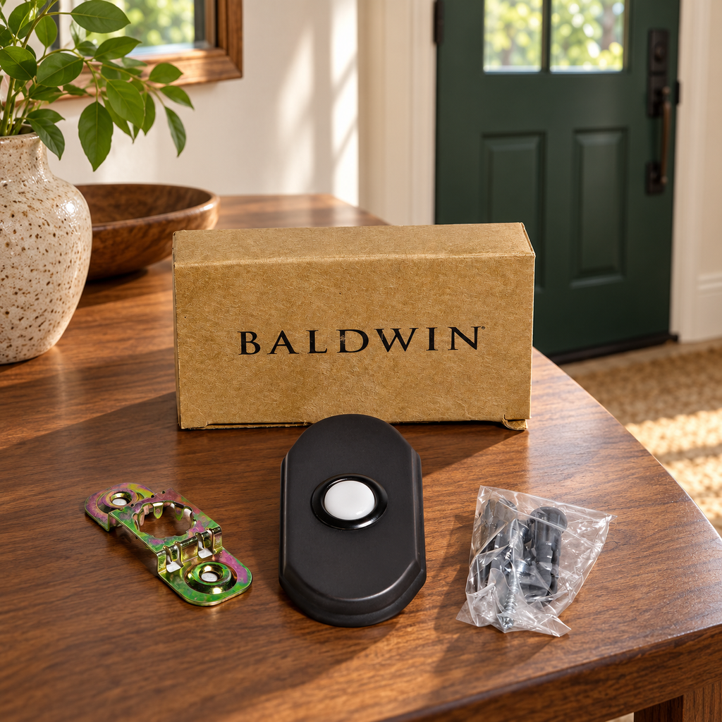 AI lifestyle illustration: Baldwin Oil Rubbed Bronze Arch doorbell kit, bracket, bagged fasteners and box on a walnut entry console