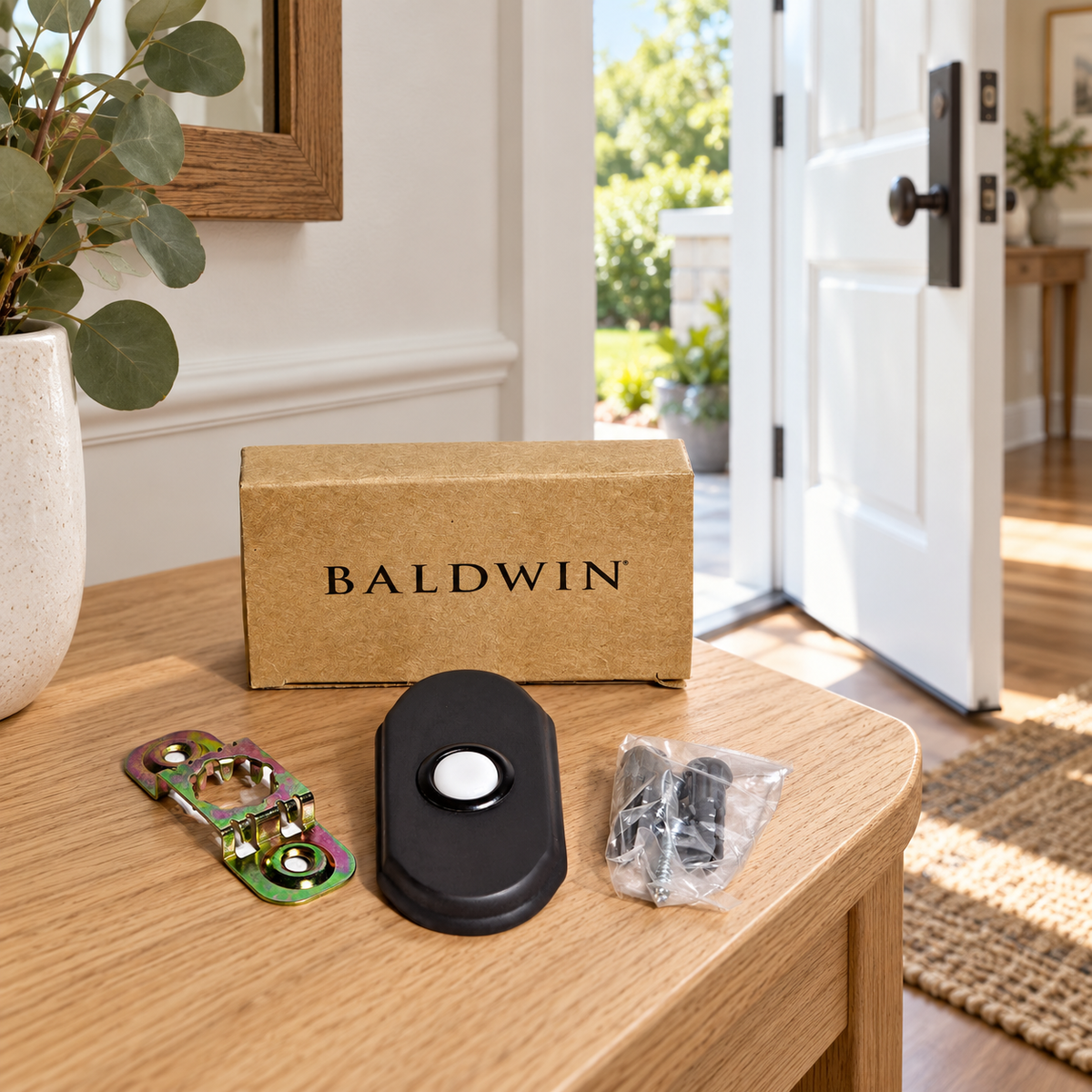 AI lifestyle illustration: Baldwin Oil Rubbed Bronze Arch doorbell kit, bracket, bagged fasteners and box on an oak entry bench