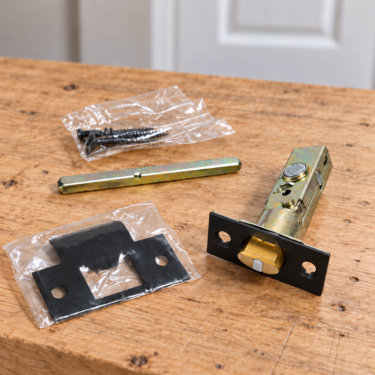 AI illustration: Baldwin 5510.102 latch, loose spindle and bagged dark hardware on an oak workbench