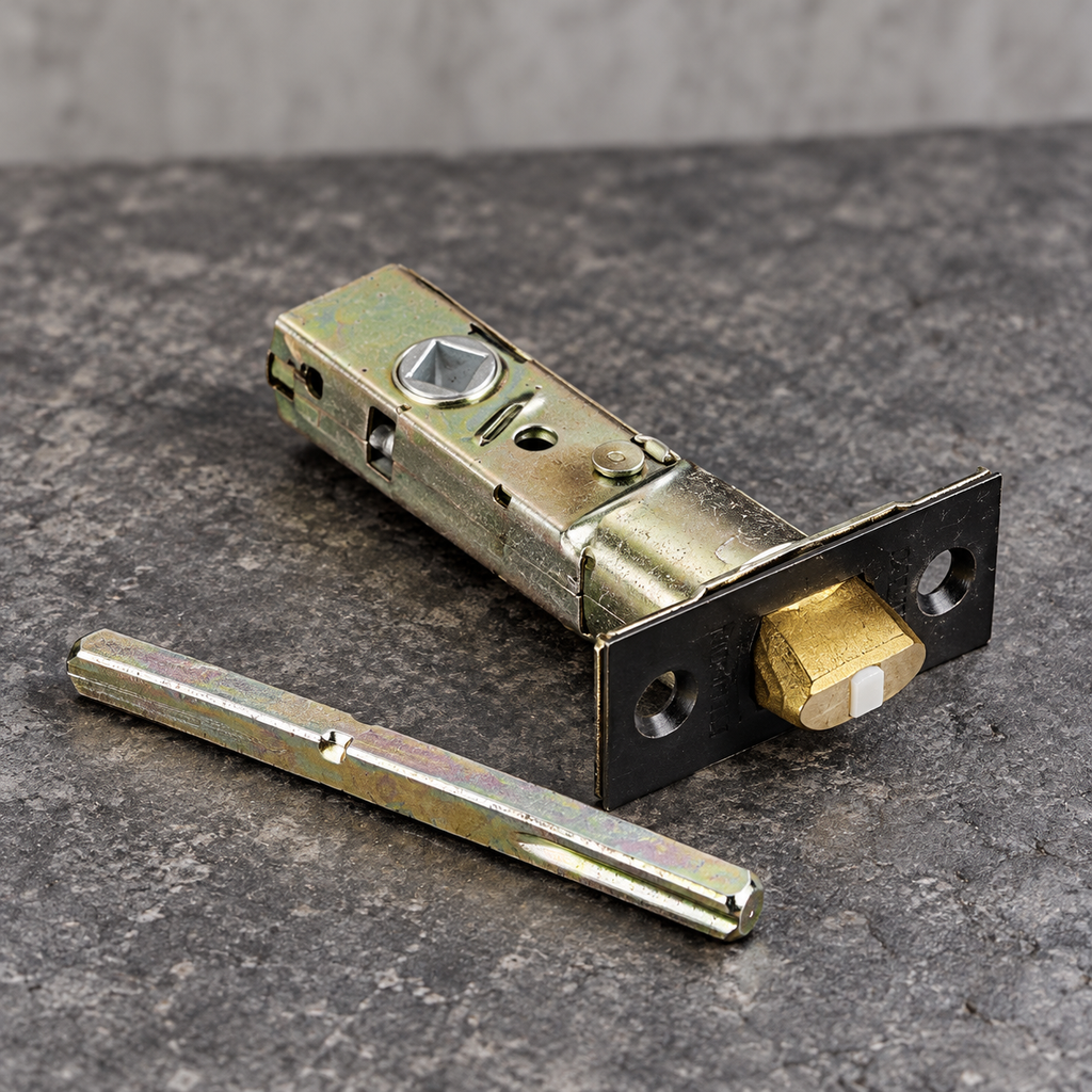 AI illustration: Close-up of Baldwin 5510.102 passage latch and separate spindle on a gray work surface