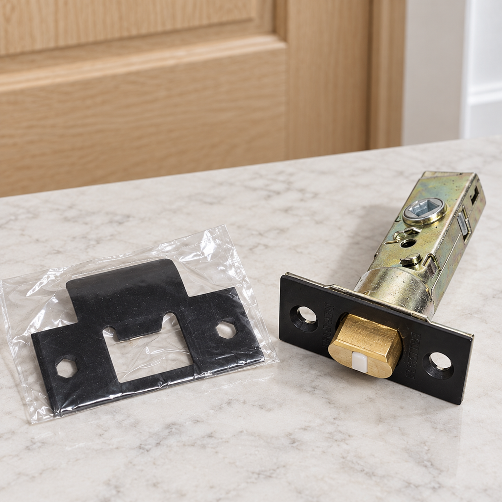 AI illustration: Detail of Baldwin 5510.102 latch and bagged dark T-strike near a light wood interior door