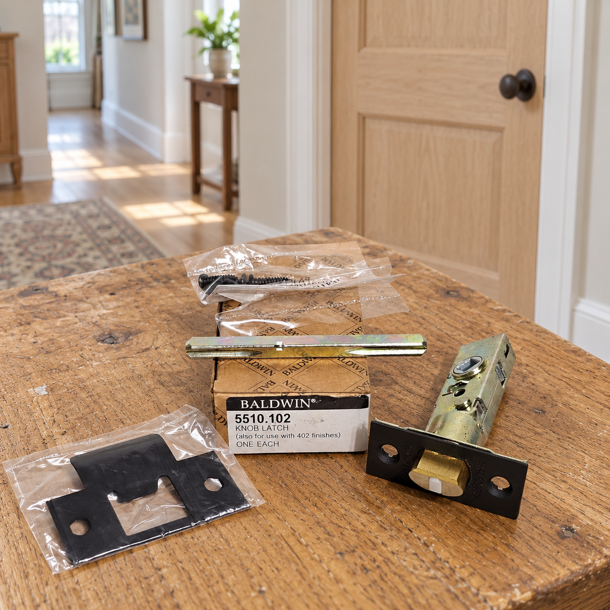 AI lifestyle illustration: Baldwin5510.102 passage latch kit on a hallway renovation table